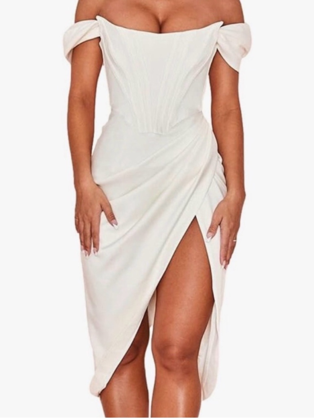 House of CB Loretta Dress, White - One-Shoulder Draped Midi Dress with Side Slit